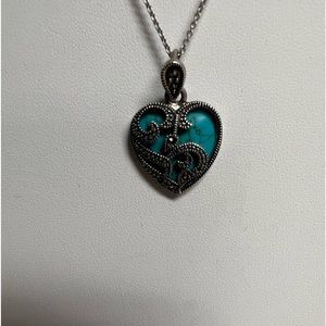 Sterling Silver Heart Necklace with Turquoise & Marcasite.